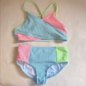 Size 10 girls Lands' End blue, green and pink ribbed bikini